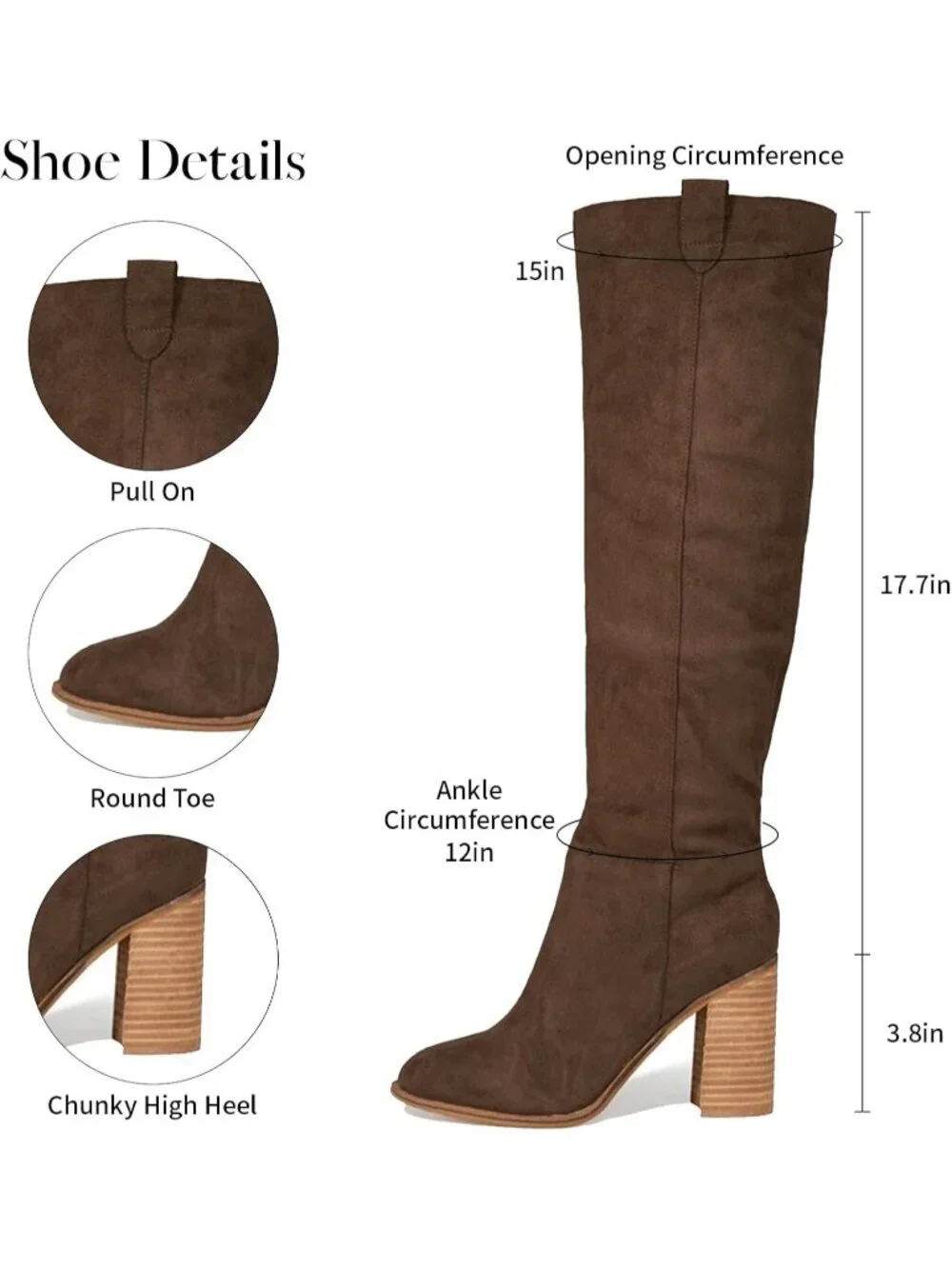 Women Chocolate High Heel Round Toe Faux Suede Side Zipper Slouch Knee High Boot